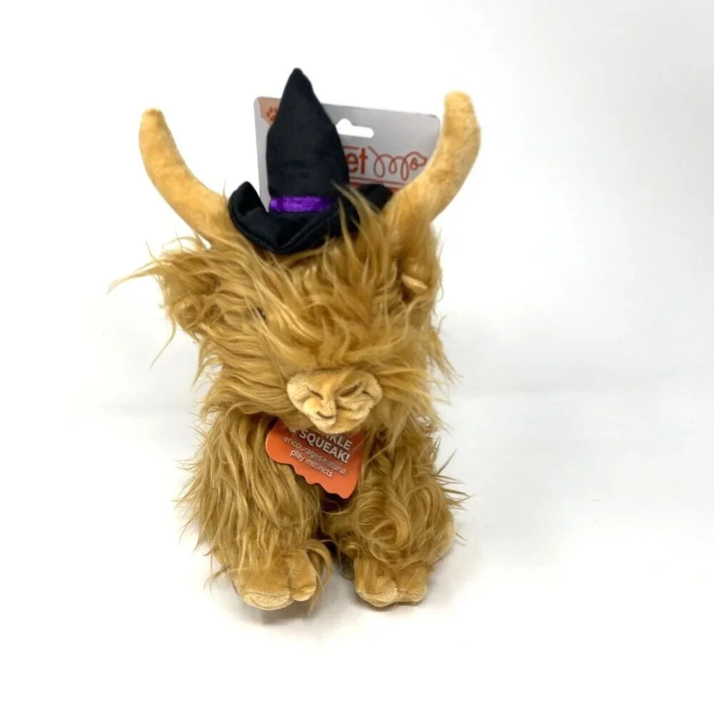 Multipet Highland Cow Witch Hat Dog Interactive Plush Toy Brown Plush Halloween